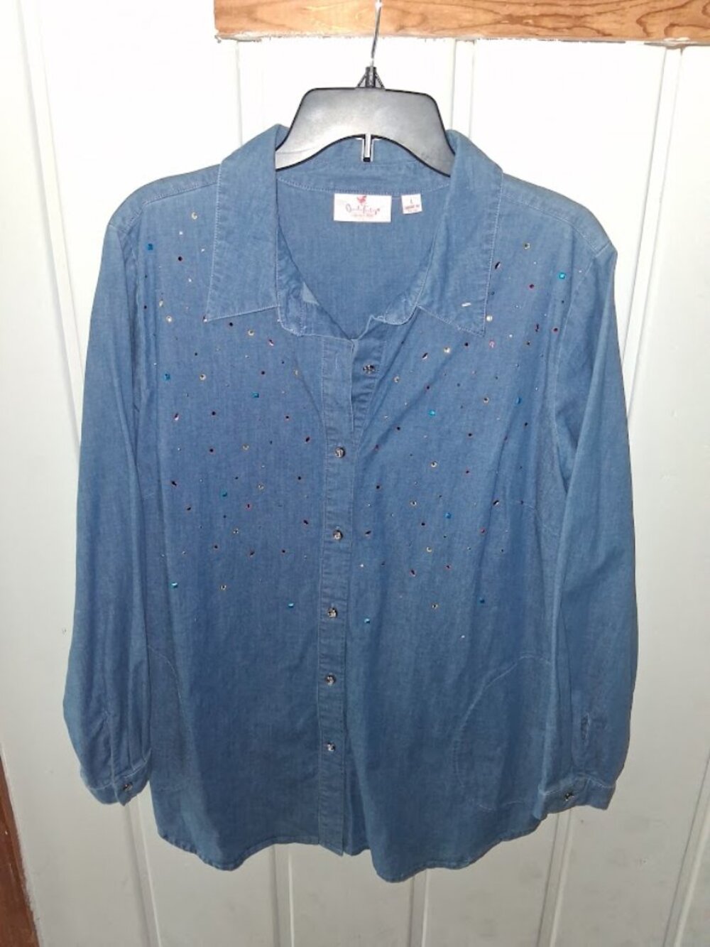 Quaker Factory Multicolor Rhinestone Denim Shirt Sz L